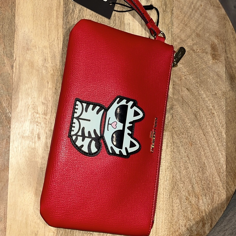 Karl Lagerfeld Red Cat Appliqué Leather Wristlet